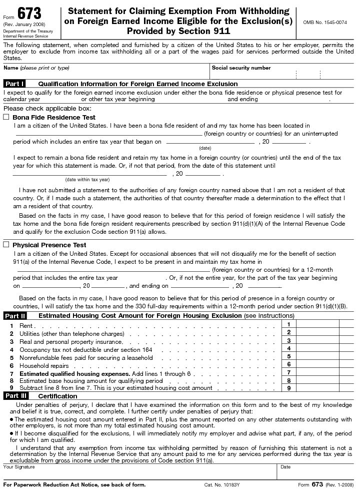 Form 673 Statement For Claiming Benefits Provided by Section 911 of the Internal Revenue Code (Revision March 1997)