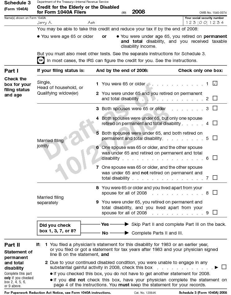 Schedule 3 (Form 1040A): Credit for the Elderly or the Disabled for Form 1040A Filers 2008
