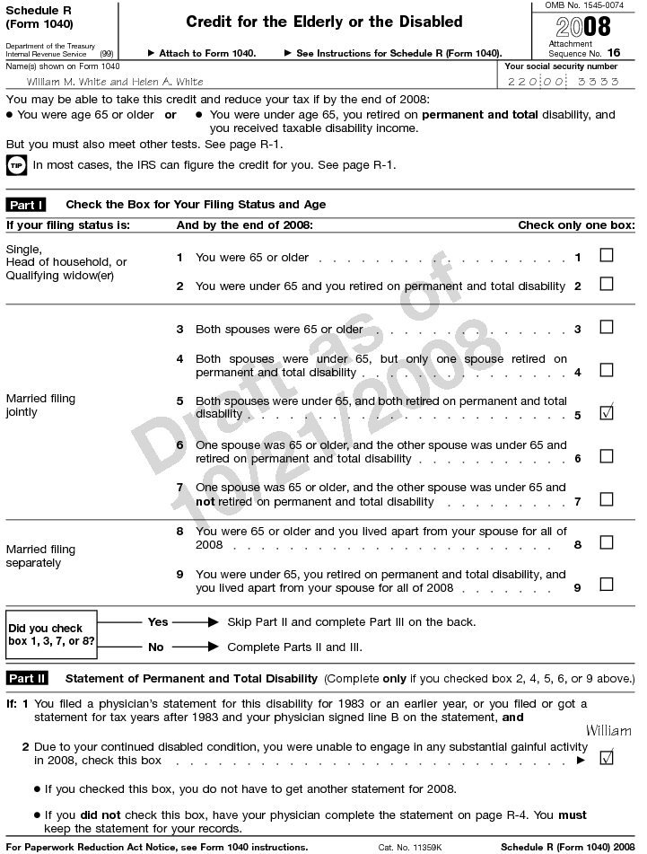 Schedule R (Form 1040) Credit for the Elderly or the Disabled 2008