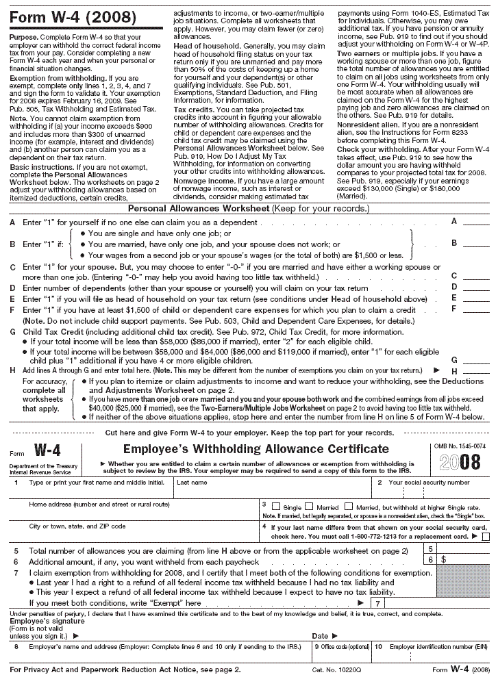 Blank Form W–4 page 1Form:Form: W–4