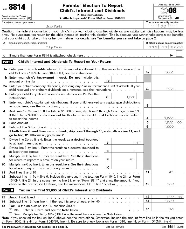 Form 8814 Parents' Election To Report Child's Interest and Dividends 2008