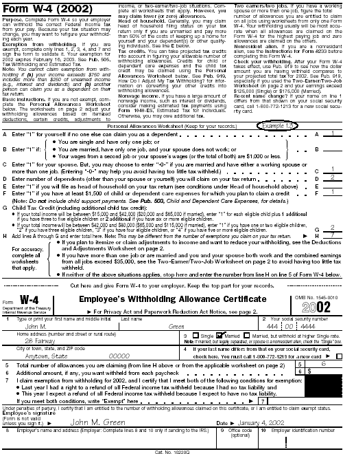 Filled-in Form W–4, page 1