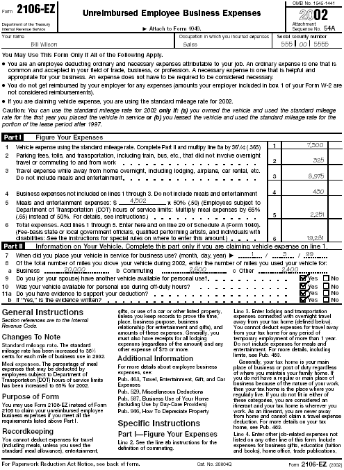 Form 2106&ndash;EZ, Page 1, for Bill WilsonForms: 2106&ndash;EZ