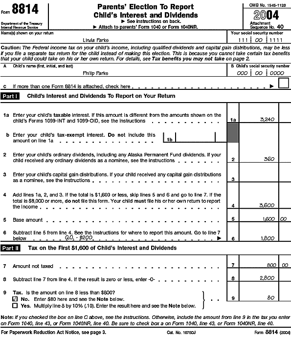 Filled-in Form 8814Forms: 8814for Linda Parks 
