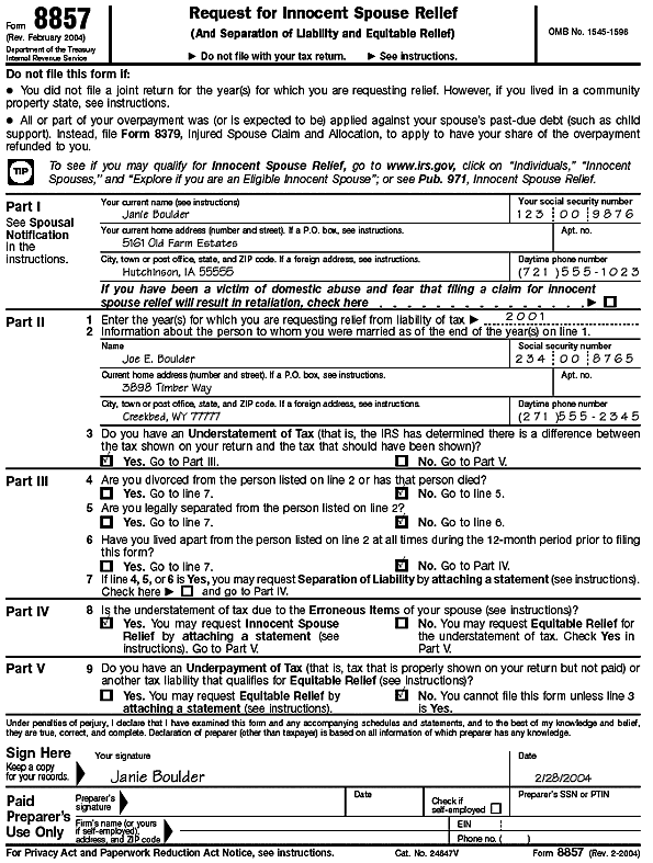 Boulder's filled-in Form 8857