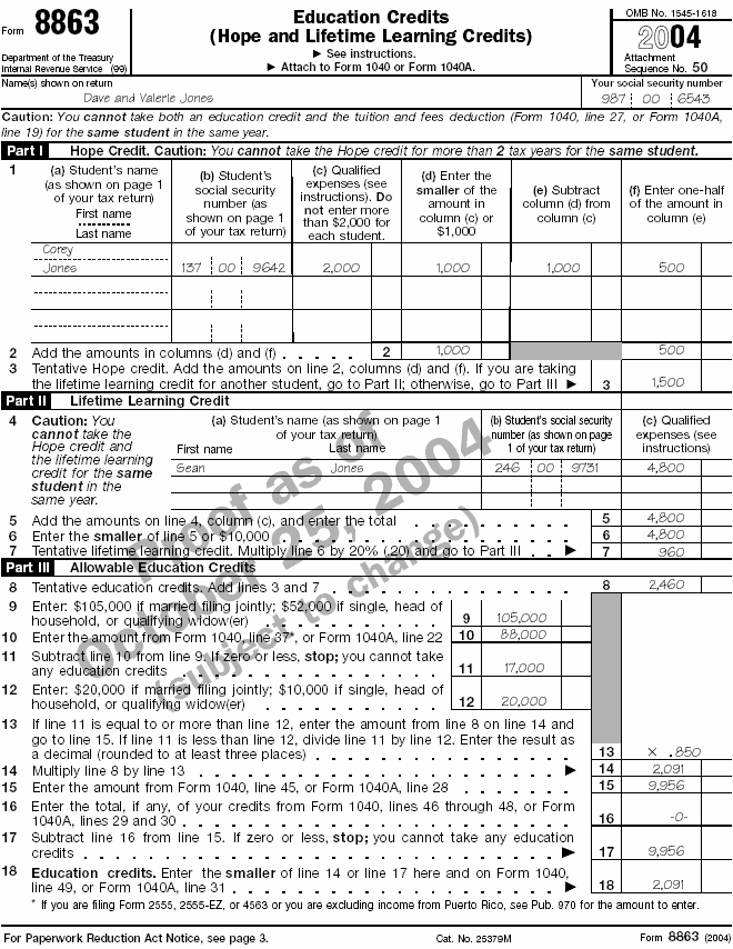 Form 8863 for Dave and Valerie