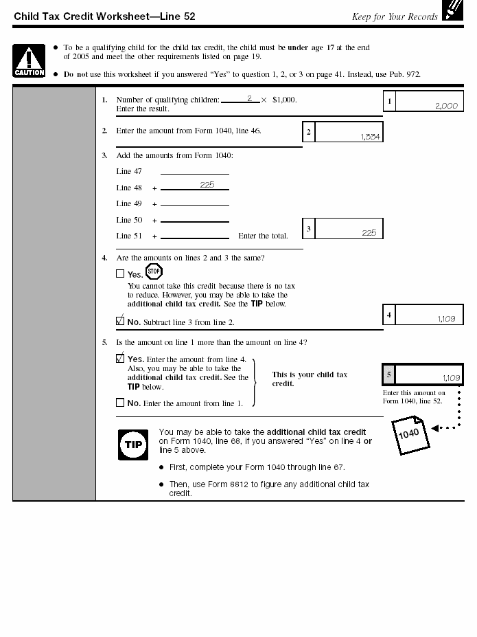 Filled-in child tax credit worksheet for Amy Brown