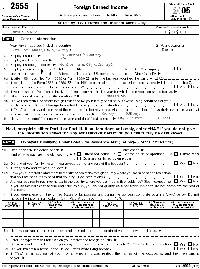 Form 2555, page 1 for James Adams