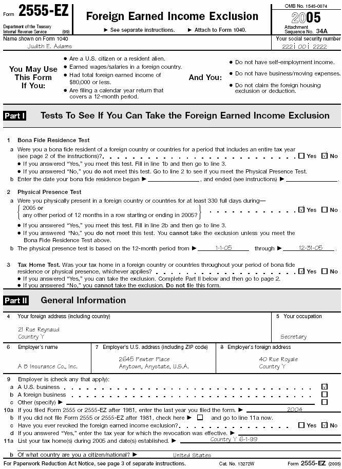 Form 2555-EZ, Adams