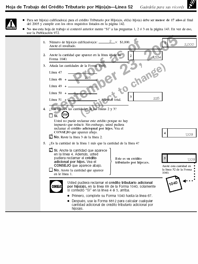 Filled-in child tax credit worksheet for Amelia Casta&ntilde;o