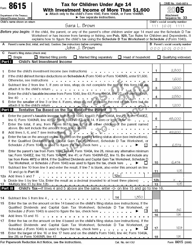 Form 8615 for Sara L. Brown