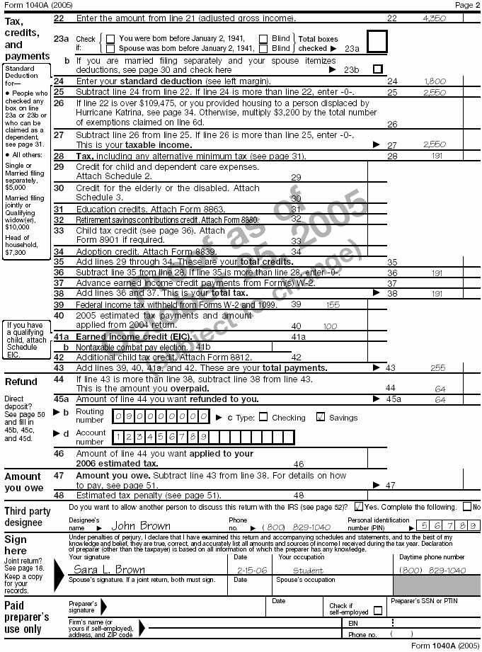 Form 1040A, page 2, for Sara L. Brown