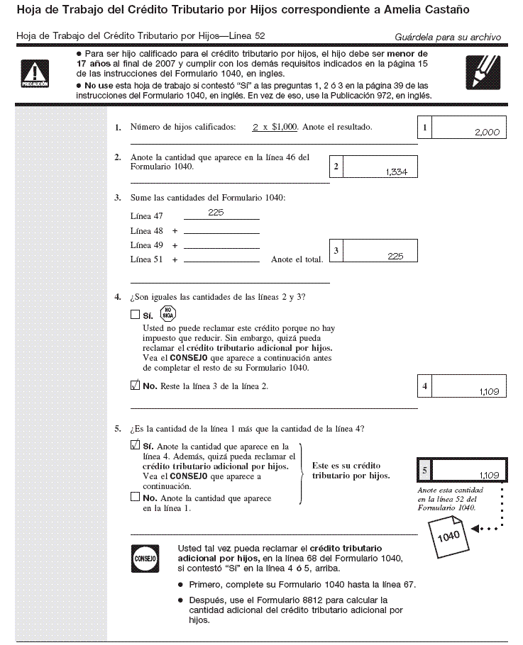 Filled-in child tax credit worksheet for Amelia Casta&ntilde;o