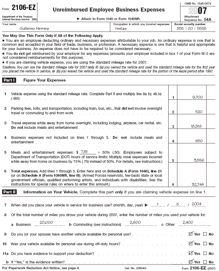 La P&aacute;gina 1 de la Forma 2106–EZ, para Guillermo HerreraFormas: 2106–EZ
